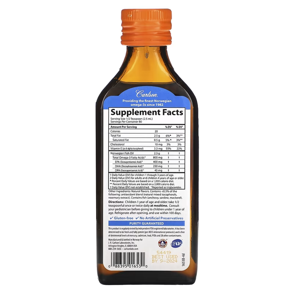 Carlson Kids The Very Finest Fish Oil 800mg Omega-3 Natural Orange Flavor 200ml (омега 3 жидкая)