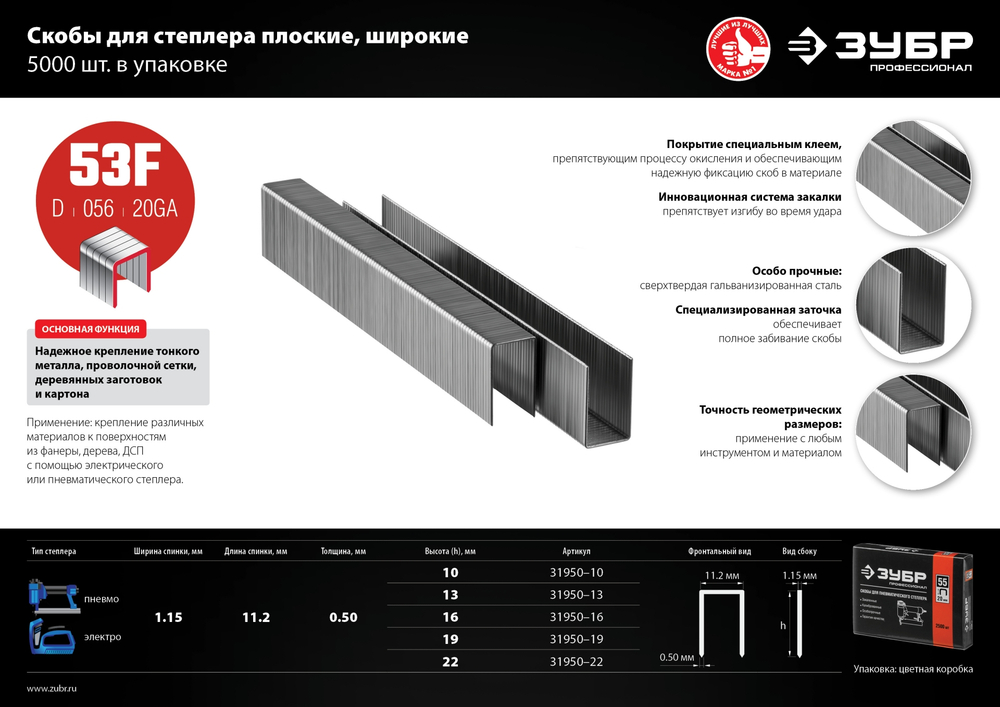 ЗУБР скобы тип 53F (D/056), 10 мм, калибр 23GA. 5000 шт. Профессионал (31950-10)