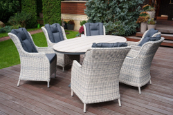 Комплекты садовой мебели из искусственного ротанга : обеденный стол ЛУГАНО ( 2.2Х 1.14 м) + 6 кресел БЕРГАМО(цвет серый)