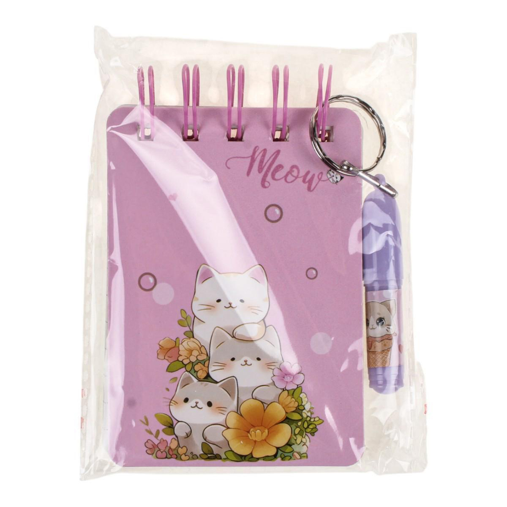 Блокнот "Кошечки" на спирали 45л линия с брелком-миниручкой 5,5см 4 цвета