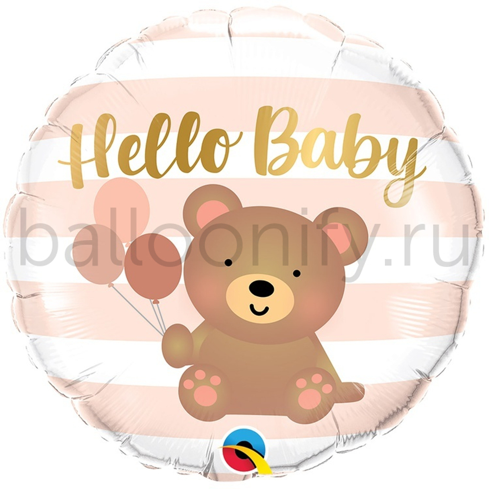 Фольгированная фигура, круг, Hello BABY Мишка с шарами,18"/45CM