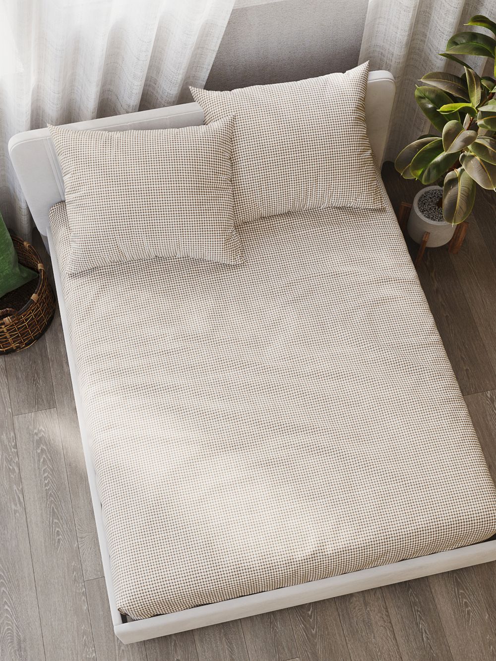 Постельное белье перкаль Сказка "Бежевая клеточка" 1,5-сп Наволочка 50х70 см 1 шт Простынь на резинке 90x200 см Пододеяльник 145x215 см