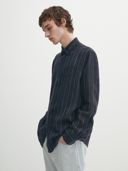 Massimo Dutti Льняная рубашка облегающего кроя с короткими рукавами, серый