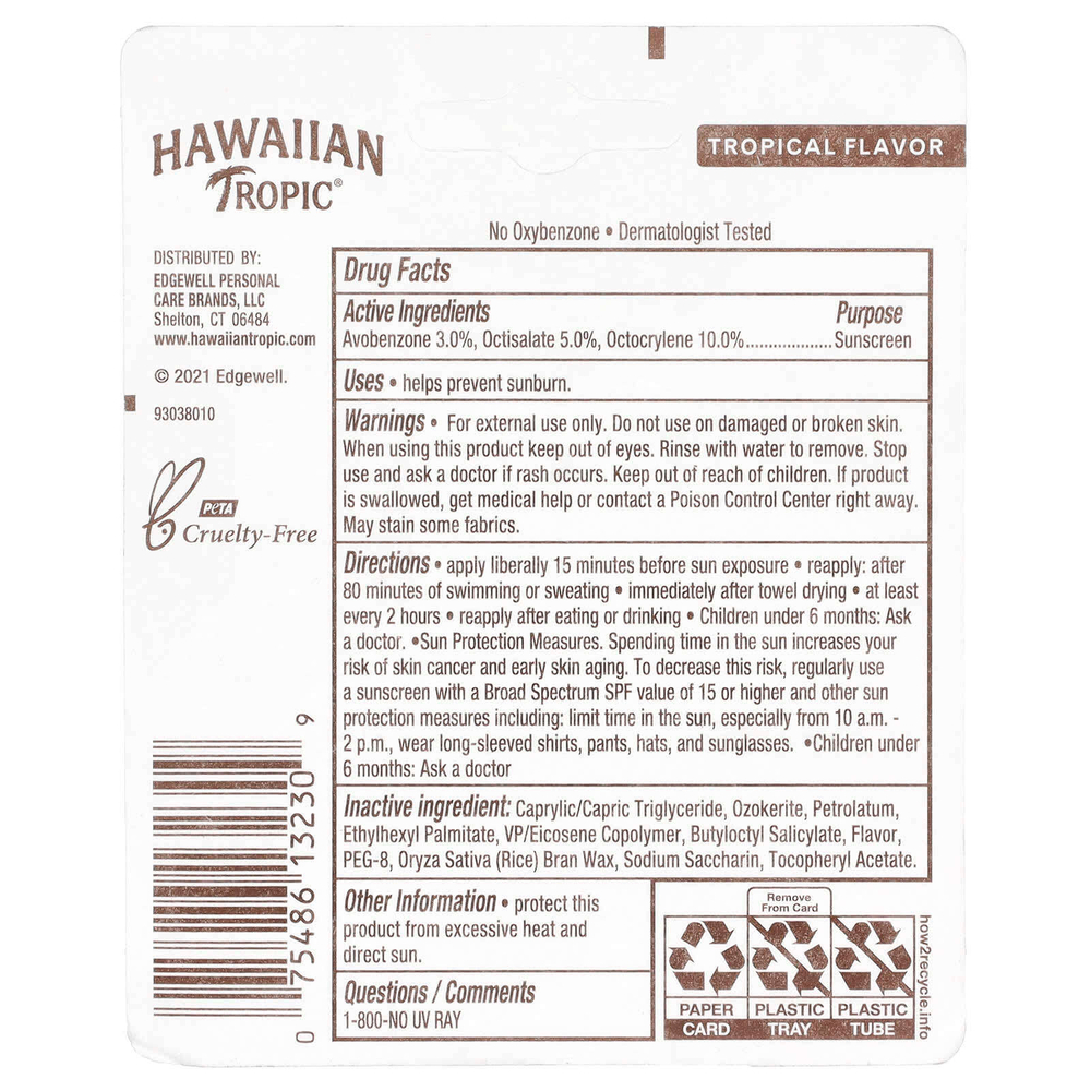 Hawaiian Tropic, Солнцезащитный бальзам для губ, SPF 30, тропический, 4,25 г (0,14 жидк. унц.)