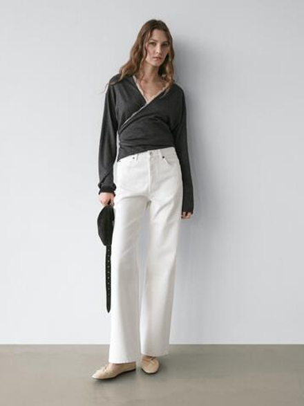 Massimo Dutti Кардиган внахлест с отделкой кружевом, антрацитово-серый