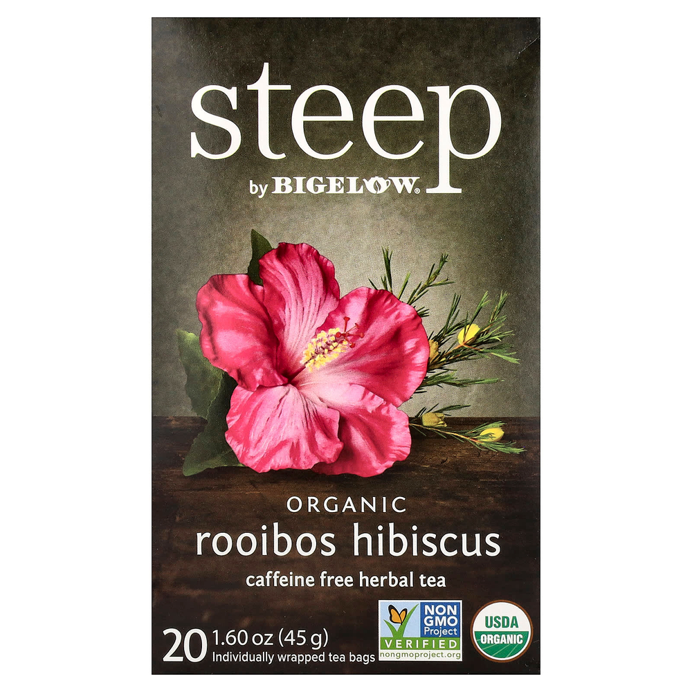 Bigelow, Steep, органический травяной чай, ройбуш и гибискус, без кофеина, 20 чайных пакетиков, 45 г (1,6 унции)
