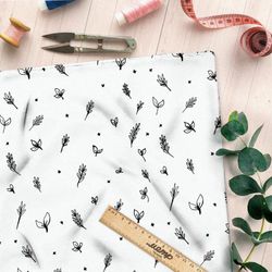 Ткань атлас нарисованные листья на белом фоне