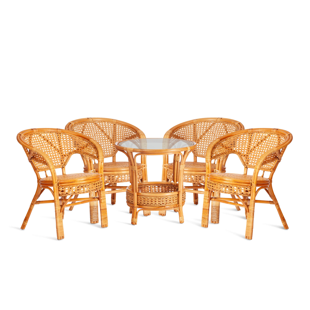 Комплект "PELANGI"  02/15 ( стол со стеклом + 4 кресла ) [без подушек] ротанг, кресло 65х65х77см, стол диаметр 64х61см, Honey (мед)