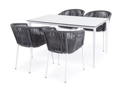 "Малага" обеденная группа на 4 персоны со стульями "Бордо", каркас белый, роуп серый