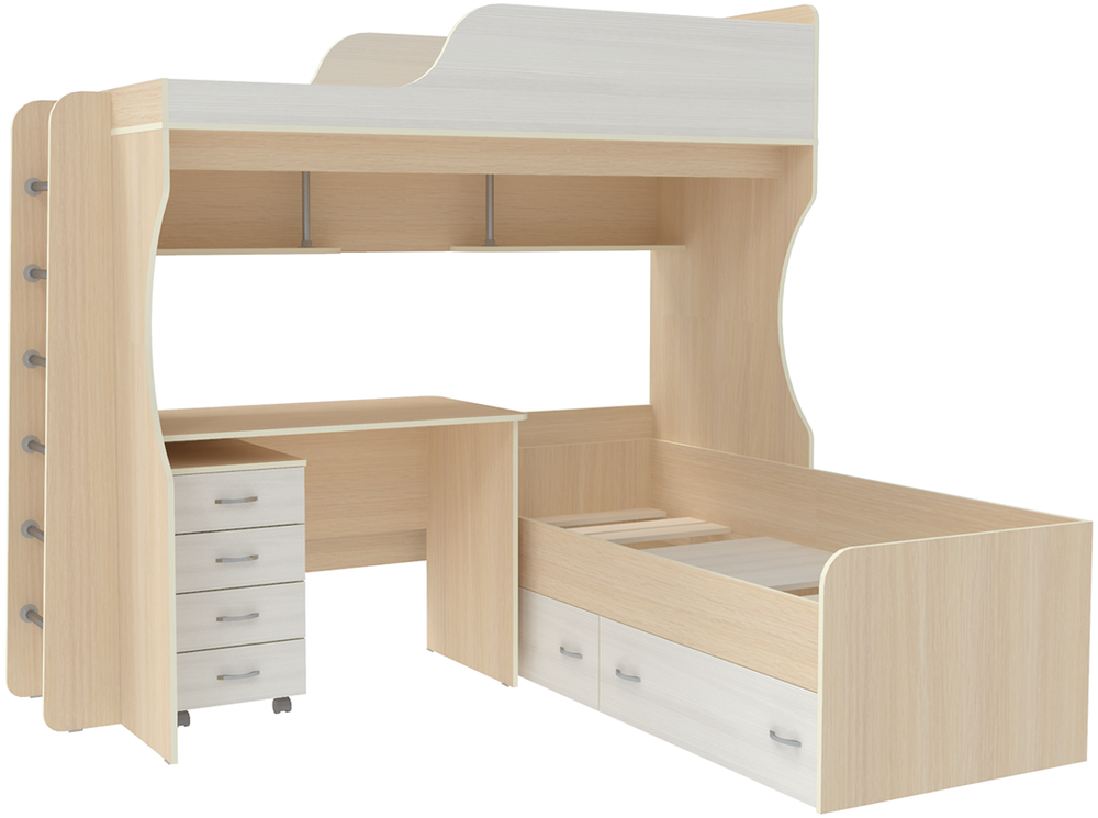 Двухъярусная кровать КарИВи Дуэт-5 с металлической лестницей  Дуб Молочный Белое Дерево