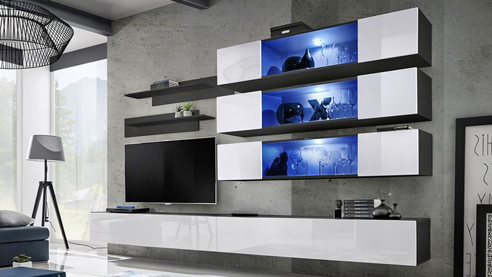 Гостиная 6 МДФ Белый DM635-6 / Черный 0190 320*40*180 см, Белый, Черный   Фиеста