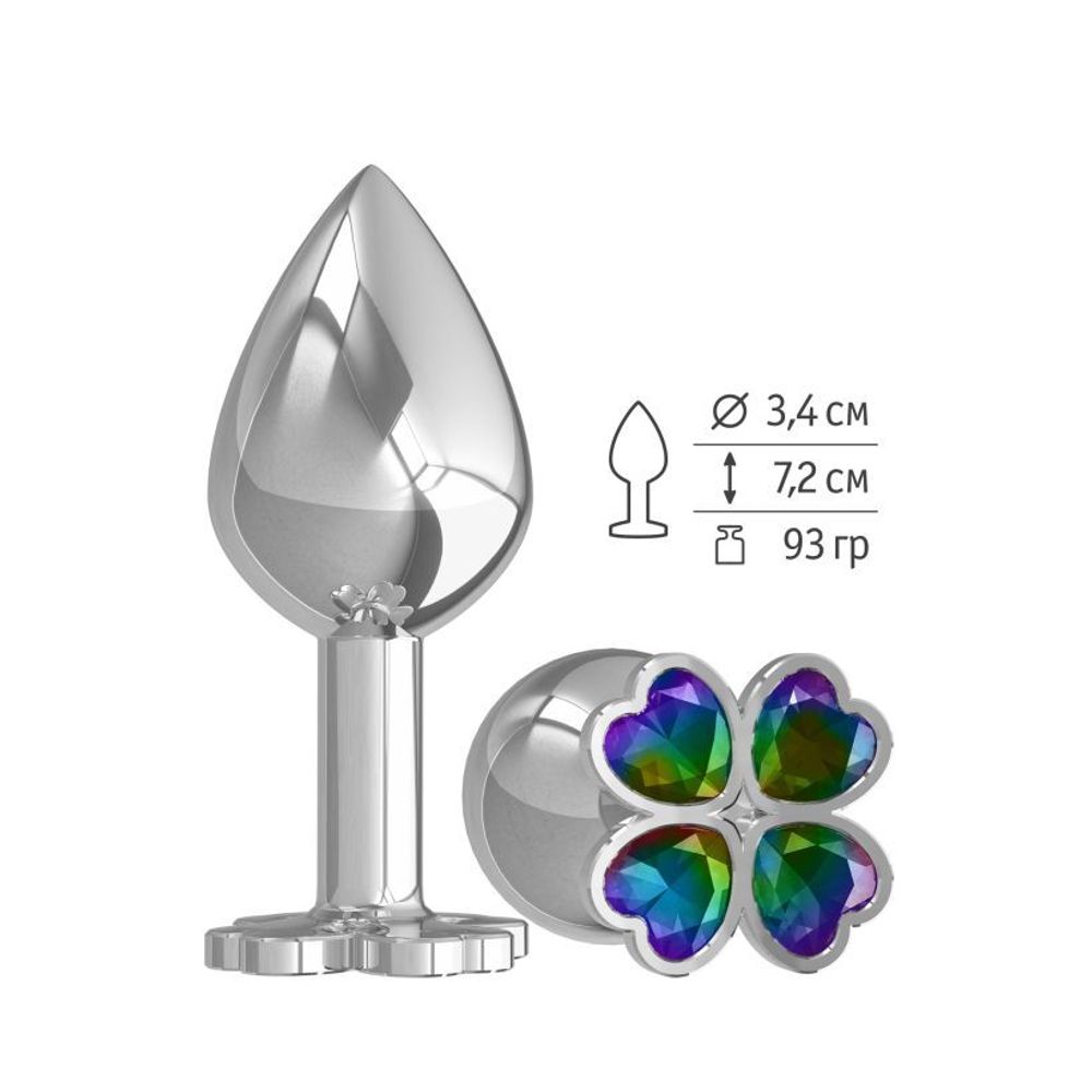 529-14 MULTI-DD / Средняя анальная втулка Silver Клевер с разноцветным кристаллом