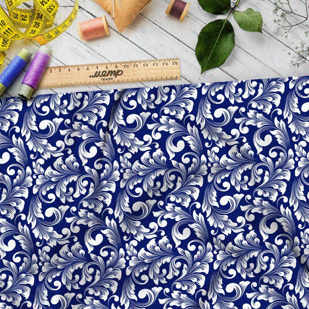 Ткань шелк Армани симметричный крупный узор гжели на синем фоне