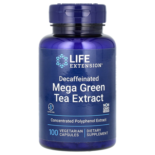 Life Extension, Mega Green Tea Extract, экстракт зелёного чая, без кофеина, 100 вегетарианских капсул (725 мг в 1 капсуле)