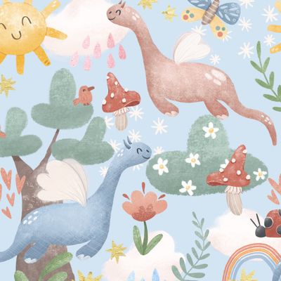 Сказочный паттерн с динозаврами на голубом фоне