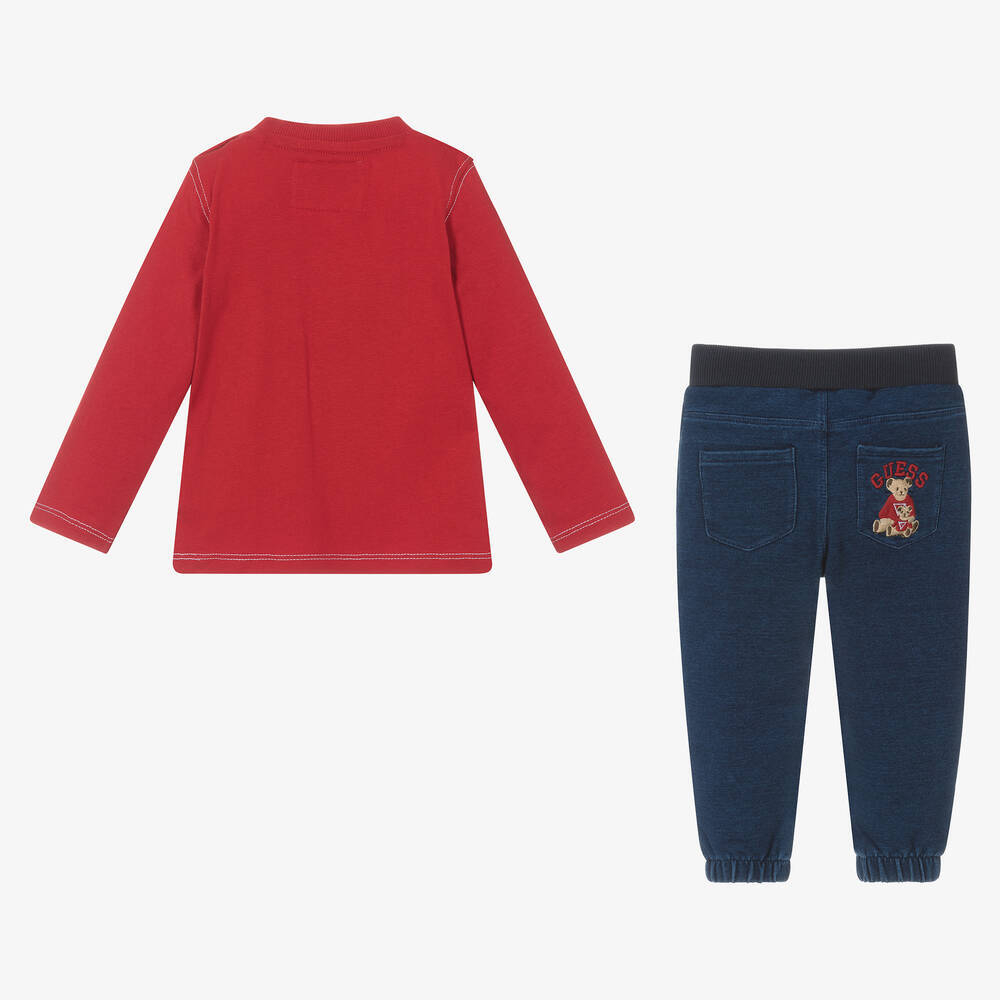 Футболка с длинным рукавом + брюки трикотажные GUESS Красный/Аппликация: 2 мишки//Синий/На кармане: вышивка: мишка Мальчик