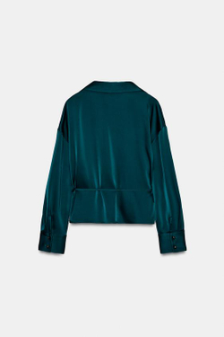 ZARA АТЛАСНАЯ БЛУЗКА С ТОНКИМ ПОЯСОМ, СИНЕ-ЗЕЛЕНЫЙ
