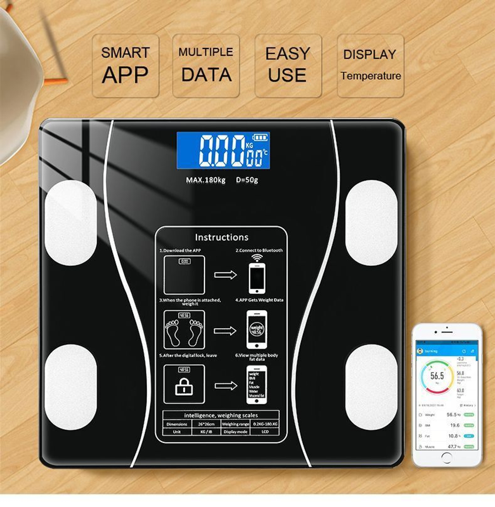 Напольные умные весы с расчётом 12 показателей качества тела, совместимые для Android, IOS
