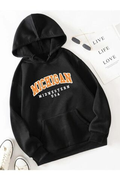 5 звезд Блэкджекодежда Черная толстовка с капюшоном с принтом Мичигана