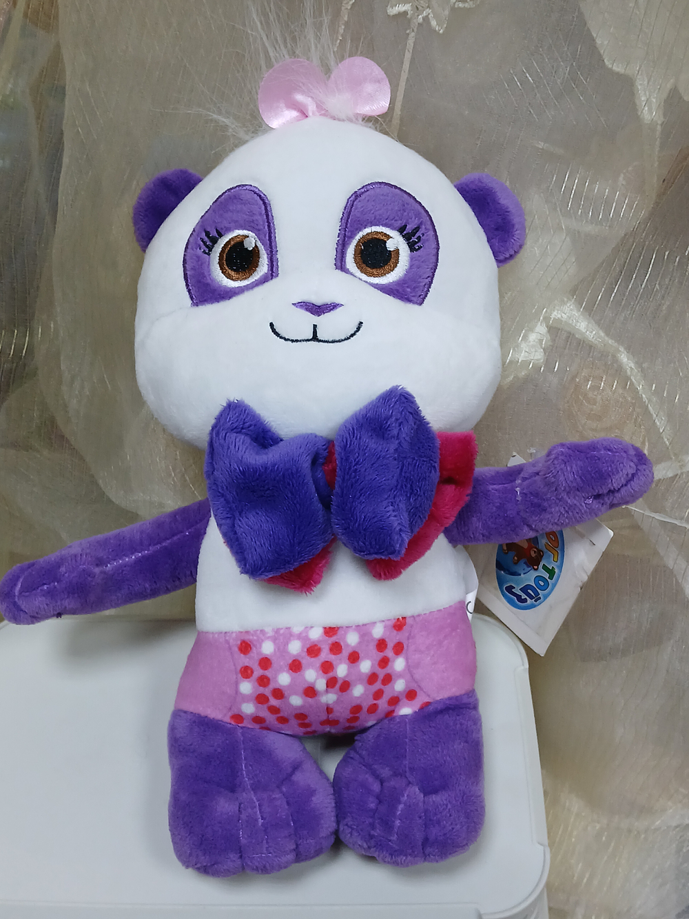 Панда с синим бантом, 26 см