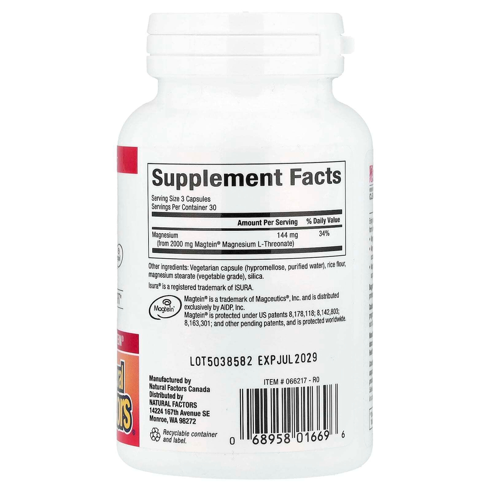 Natural Factors, Cognitive магний, 90 вегетарианских капсул (48 мг в 1 капсуле)