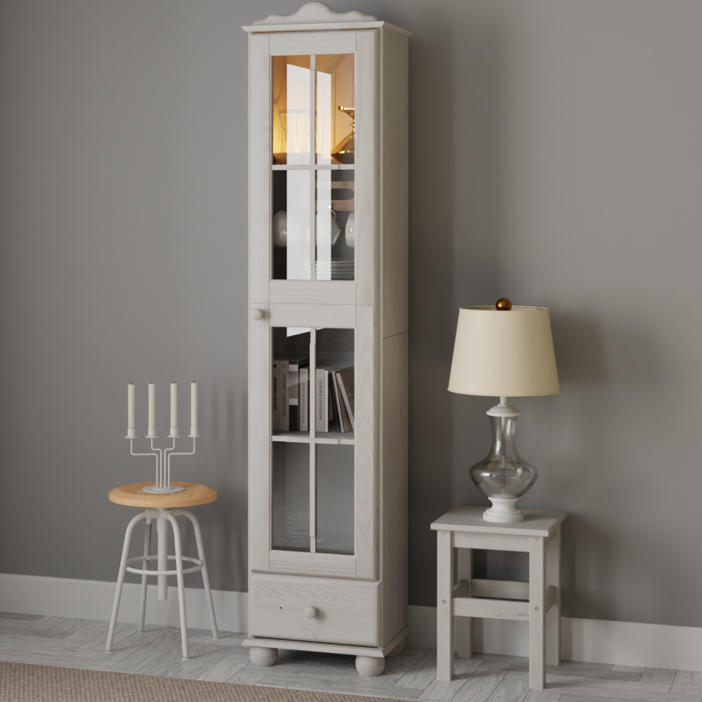 Шкаф витрина 1 дверь 1 ящик Бритта из массива сосны, белый