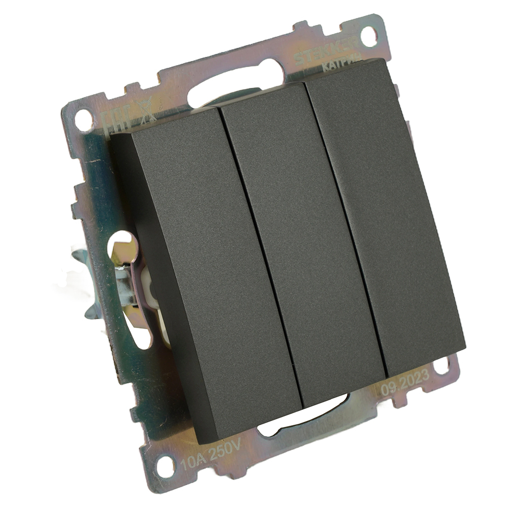 Выключатель 3-клавишный (механизм), 250В, 10А, серия Катрин, графит, GLS10-7108-06 49415