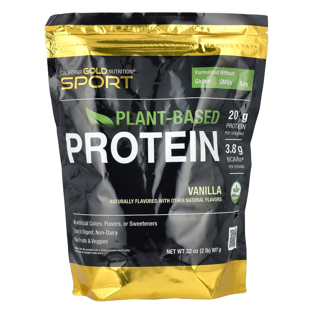 California Gold Nutrition, Sport, веганский протеин с изолятом горохового белка и белком коричневого риса, ваниль, 907 г (2 фунта)