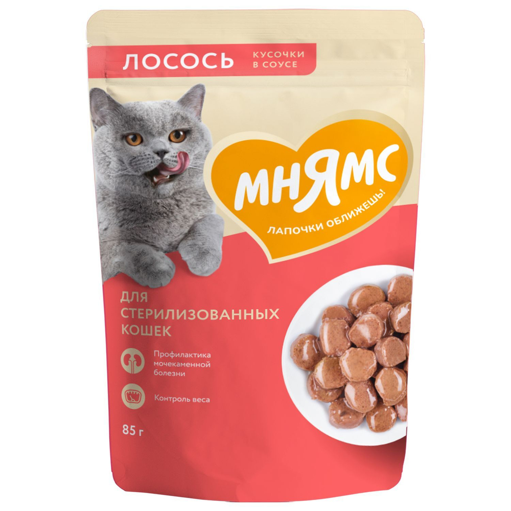 Влажный корм Мнямс Кусочки в соусе с лососем для стерилизованных кошек 85г