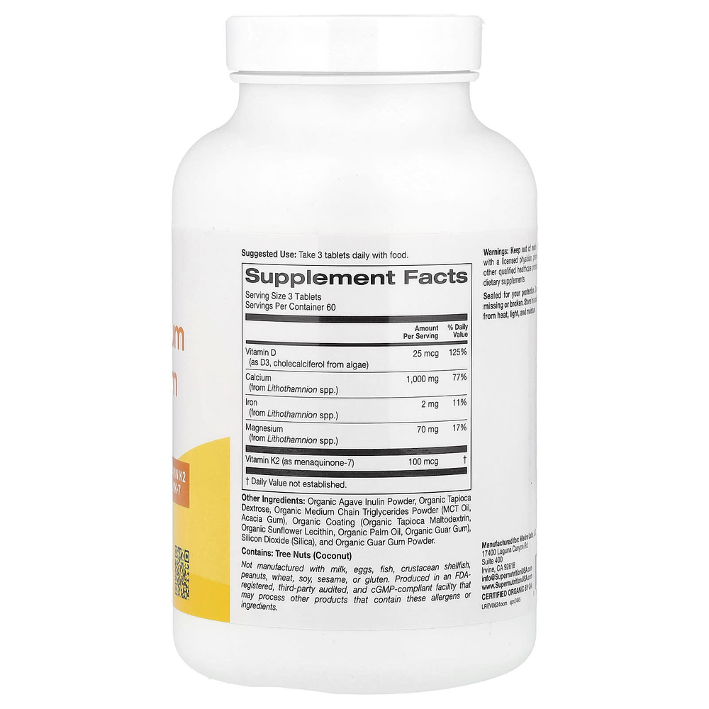 Super Nutrition, Органический кальций и магний плюс витамины D3 и K2, 180 таблеток