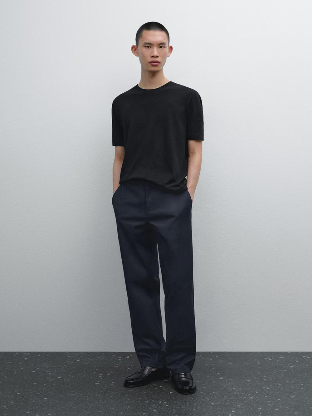 Massimo Dutti Футболка с коротким рукавом из смесового льна, черный