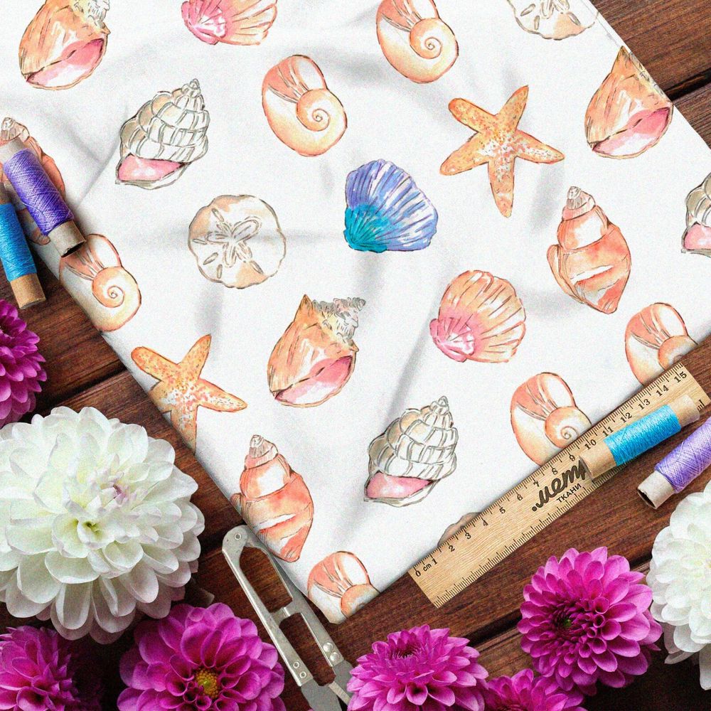 Ткань кулирная гладь разноцветные ракушки и морские звёзды