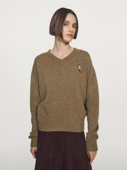 Massimo Dutti Трикотажный свитер с V-образным вырезом, кротово-коричневый