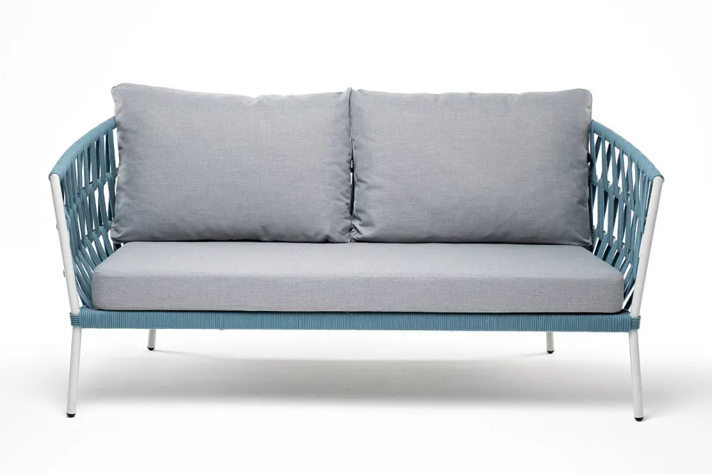"Диего" диван 2-местный плетеный из роупа, каркас алюминий светло-серый (RAL7035) муар, роуп бирюзовый круглый, ткань светло-серая