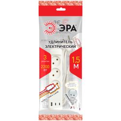 Удлинитель электрический ЭРА U-3-1,5m-USB-W 3 розетки + 3xUSB A+C 1,5м 10А белый | Бытовые удлинители