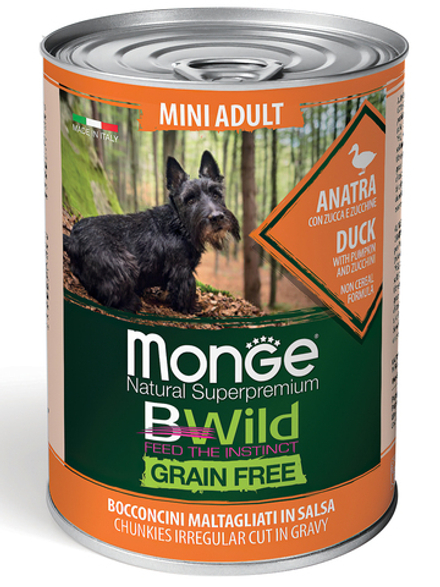 Влажный корм Monge Dog BWild GRAIN FREE Mini для взрослых собак мелких пород, беззерновой, из утки с тыквой и кабачками 400 г