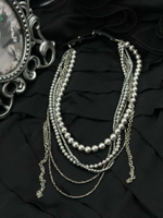 Колье "Glam" из серого жемчуга, венецианского стекла и гематита, застежка из натуральной кожи