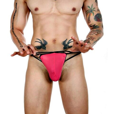 Розовые сексуальные трусы-стринги на тонких черных бретелях (Размер: XL) (Цвет: розовый с черным)