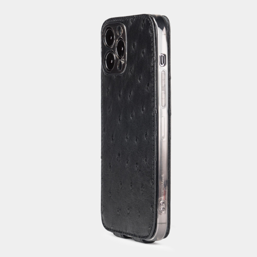 Чехол для iPhone 14 Pro Max из кожи страуса, черного цвета