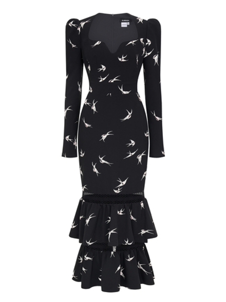 Шелковое платье макси с декольте и воланами птицы