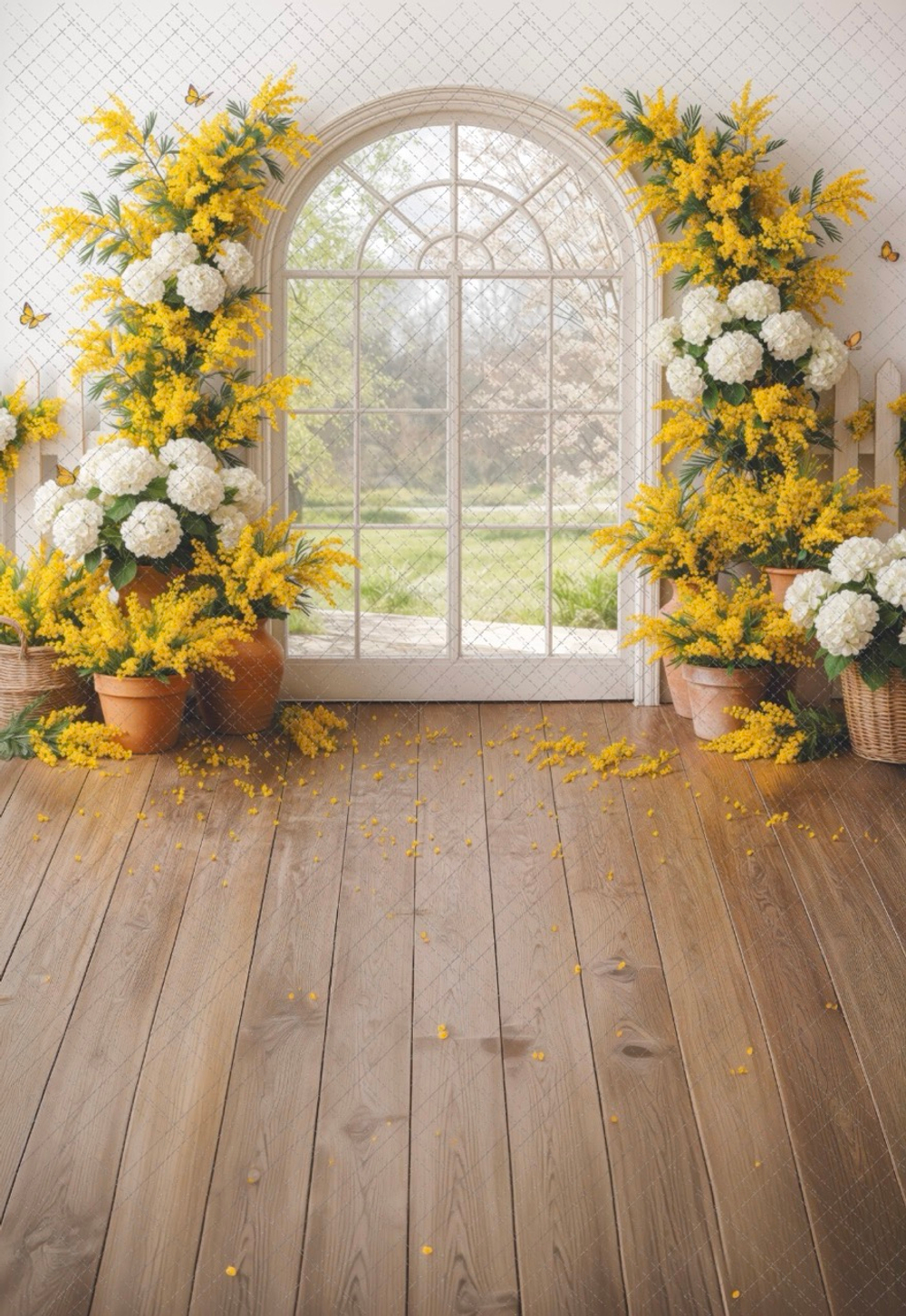 Окно - мимоза - гортензии - фон неопреновый