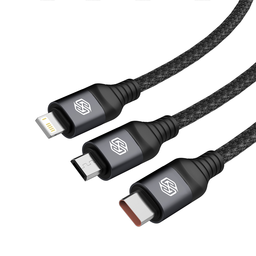 Кабель 3 в 1 в тканевой оплетке черного цвета от Nillkin с разъемами Type C, Lightning и Micro USB, серия Swift Pro, длина 1,5м