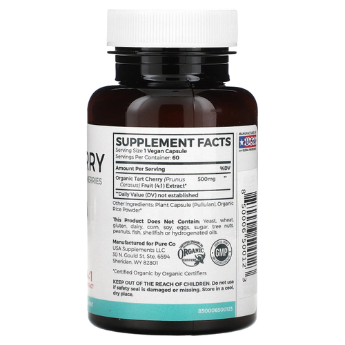 Pure Co., Вишня, 500 мг, 60 веганских капсул