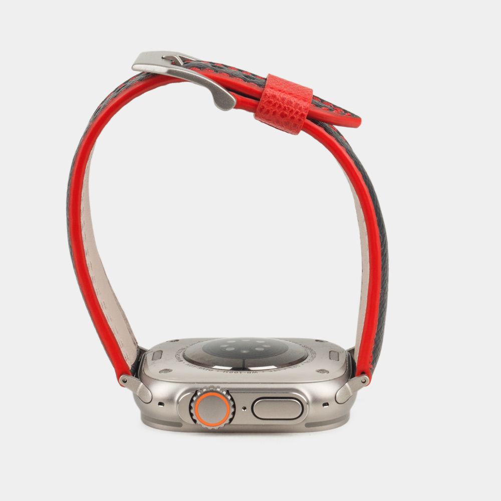 Ремешок для Apple Watch Ultra 49mm из кожи Saffiano черного цвета с красной строчкой