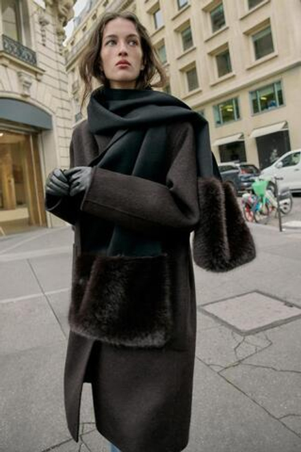 ZARA ОДНОТОННЫЙ ШАРФ ИЗ ШЕРСТИ С МЕХОВЫМ ЭФФЕКТОМ, ЧЕРНЫЙ