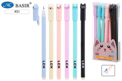 Ручка гель пиши-стирай 0.5мм. "Кошка" синяя, ассорти (Basir) (Комплект 12шт.)