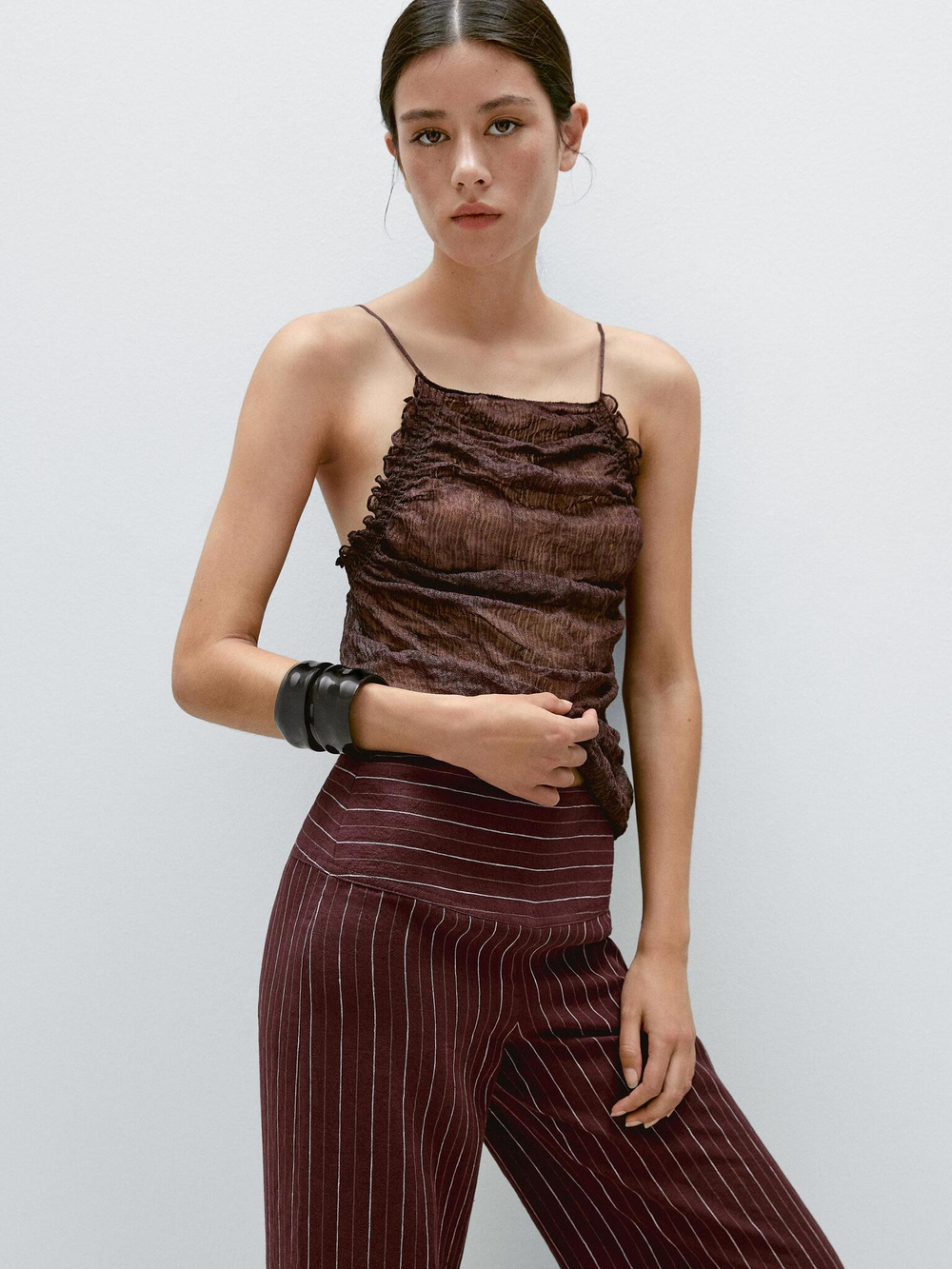 Massimo Dutti Льняные брюки с широкими штанинами и высокой посадкой, бургундский