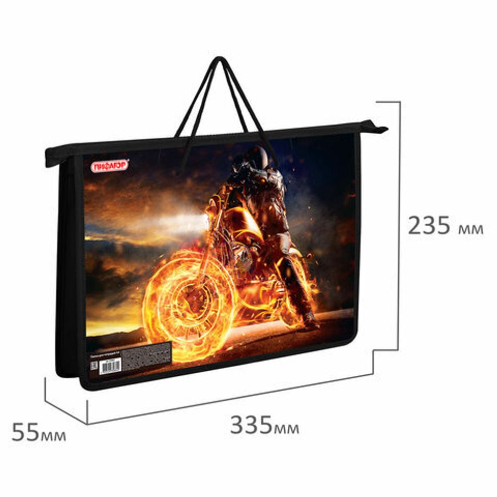 Папка на молнии с ручками ПИФАГОР А4, 1 отделение, пластик, ручки-шнурок, "Fire moto", 270865