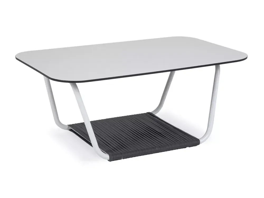 "Гранада" журнальный стол 90х60см из HPL, цвет "молочный", каркас белый муар, роуп темно-серый круглый