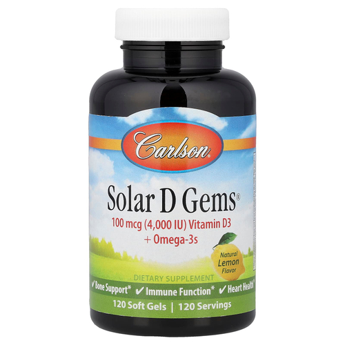 Carlson, Solar D Gems®, витамин D3 и омега-3, натуральный лимонный вкус, 120 капсул